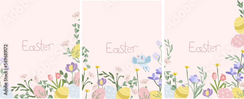 Happy Easter greeting card. Bright compositions with spring flowers, Easter eggs, leaves. Spring flowering. Vector graphics.