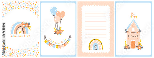 Baby shower boho template set. Vertical cards with rainbows, flowers, inscriptions. Cute hand drawn illustrations in a simple cartoon doodle style in a limited edition gender neutral palette.