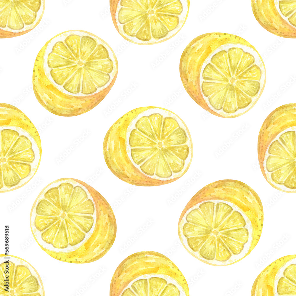 Watercolor cut lemons seamless pattern on white