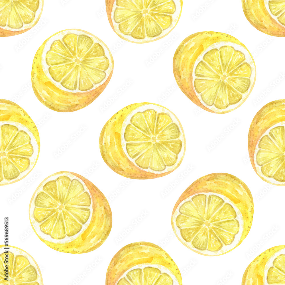Fototapeta premium Watercolor cut lemons seamless pattern on white