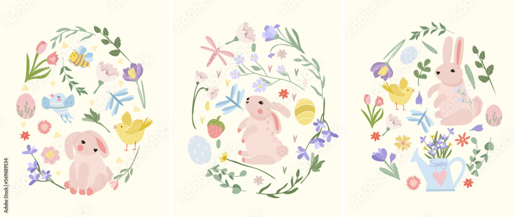 Easter egg from bright flowers, eggs, cute rabbit, chickens. Spring flowers. Concept of holiday, joy, happiness. Ideal for banners, cards, posters, stickers. Vector illustration