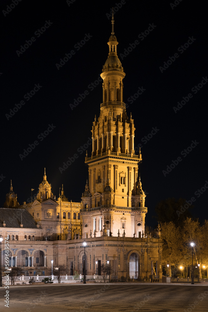 Tower in the Plaza de España in Seville (Andalusia, Spain). Plaza de España at night. Most famous place in the city of Seville.