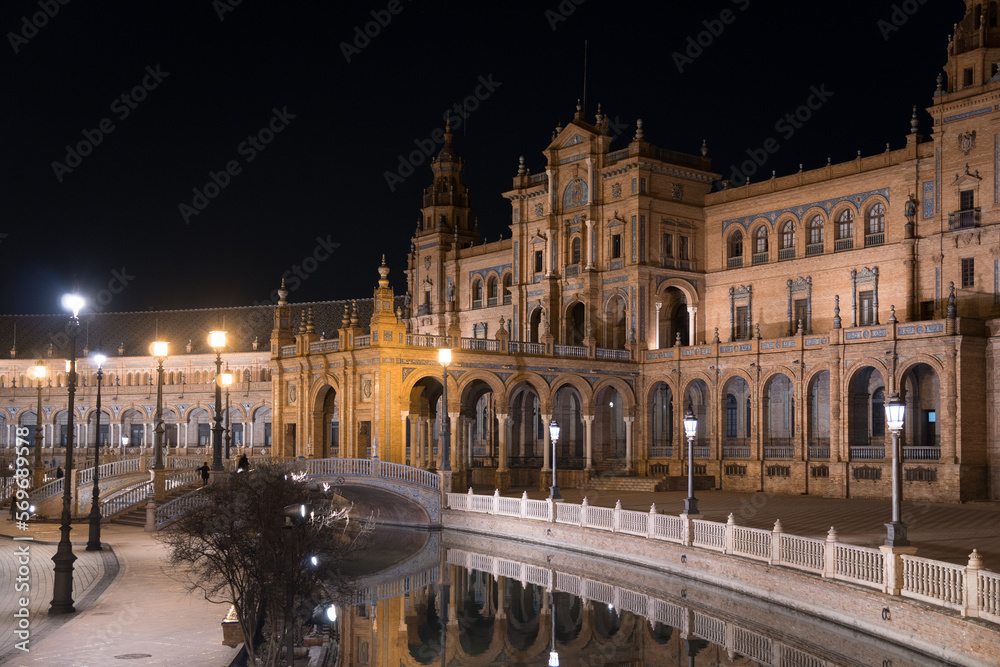 Plaza de España in Seville photographed at night (Andalusia, Spain). Emblematic place of the city at night. Seville monument at night.