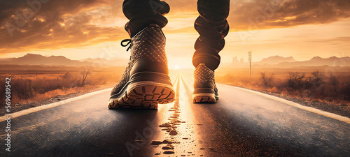 Shoes on the Road, Walking into the Sunset. Illustration Banner, Active Outdoor Sport Concept generativ ai