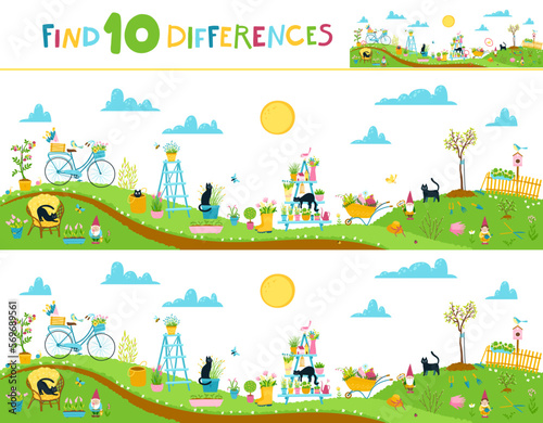 Garden vertical landscape panorama. Kid s game - find ten differences. Spring illustration in hand drawn doodle style with flowers  work tools  garden gnomes and black cats.