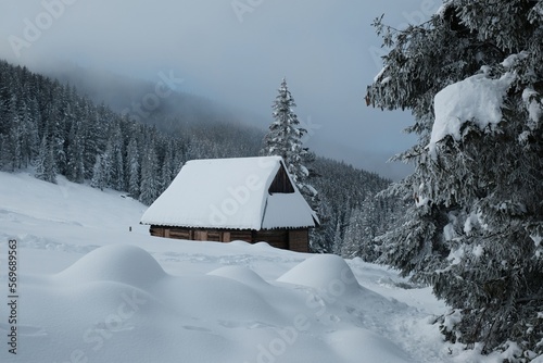Amazing winter scenery of Tatra Mountains - Rusinowa Polana (Rusinowa Glade) with shepherd's huts, Tatra National Park, Poland