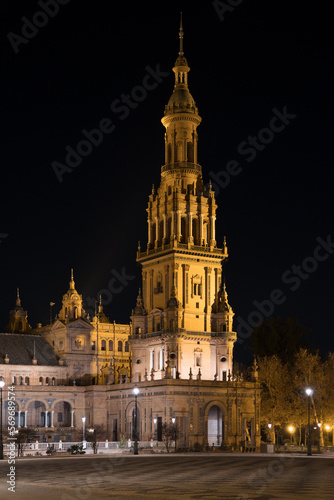 Tower in the Plaza de España in Seville (Andalusia, Spain). Plaza de España at night. Most famous place in the city of Seville.
