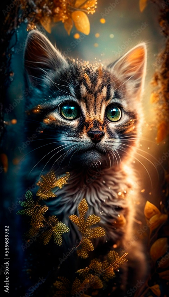 Generative AI, fantasy cat drawn with magical lighting and paint strokes, cosmic incredible eyes, magical forest around, close-up portrait of a magical cat