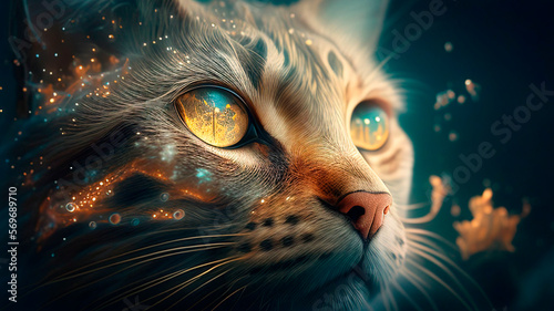 Generative AI, fantasy cat drawn with magical lighting and paint strokes, cosmic incredible eyes, magical forest around, close-up portrait of a magical cat