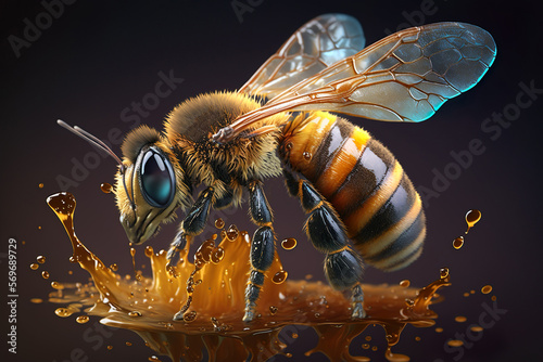 Close up view of bees on honey splash. Generative AI © vetre