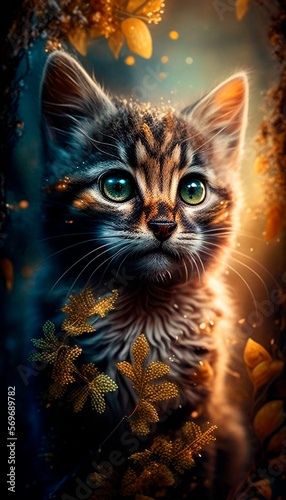 Generative AI, fantasy cat drawn with magical lighting and paint strokes, cosmic incredible eyes, magical forest around, close-up portrait of a magical cat