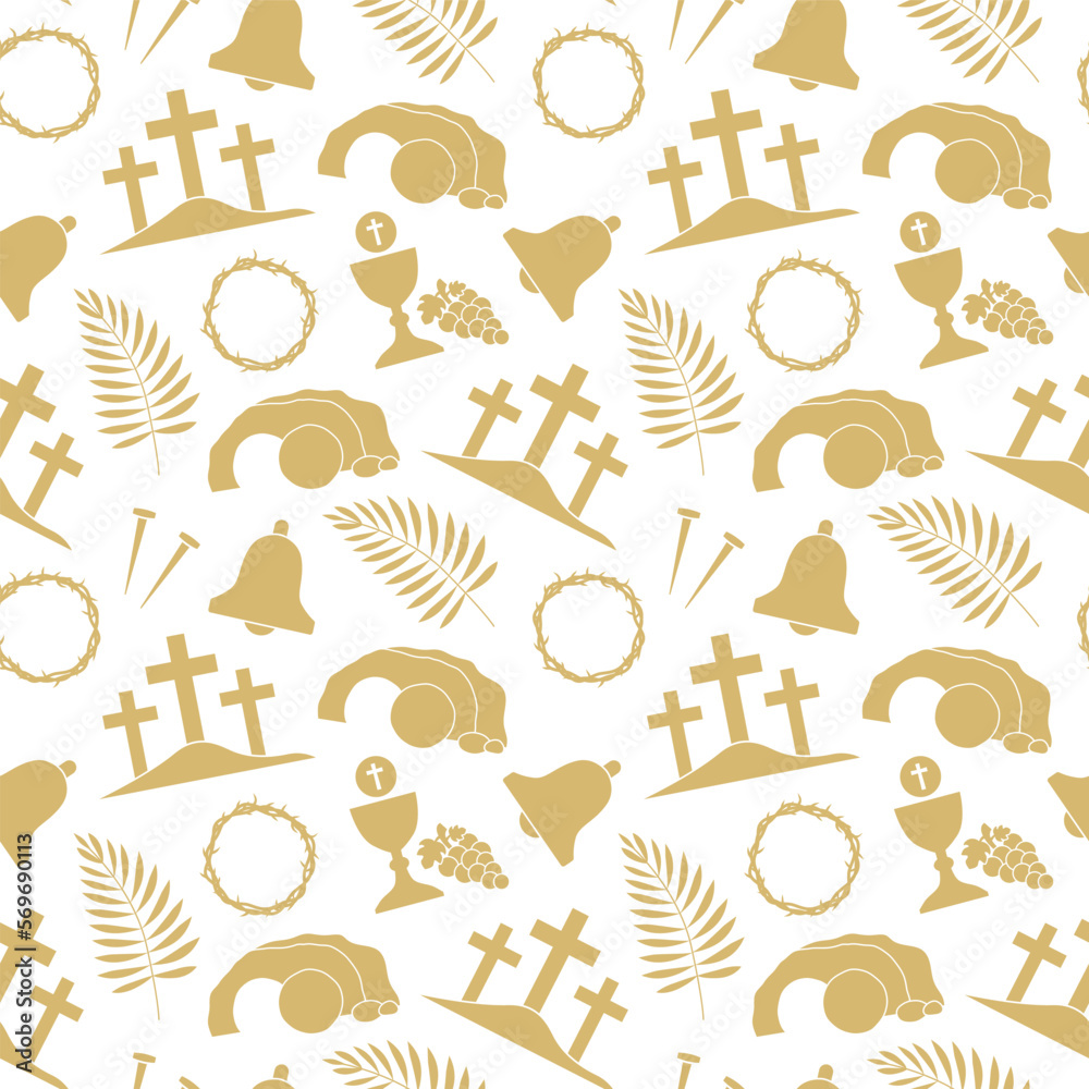 golden seamless pattern with Easter, Holy Week, Good Friday related icons: palm leaf, crown of thorns, mount Calvary, Jesus tomb, bell, holy communion chalice- vector illustration
