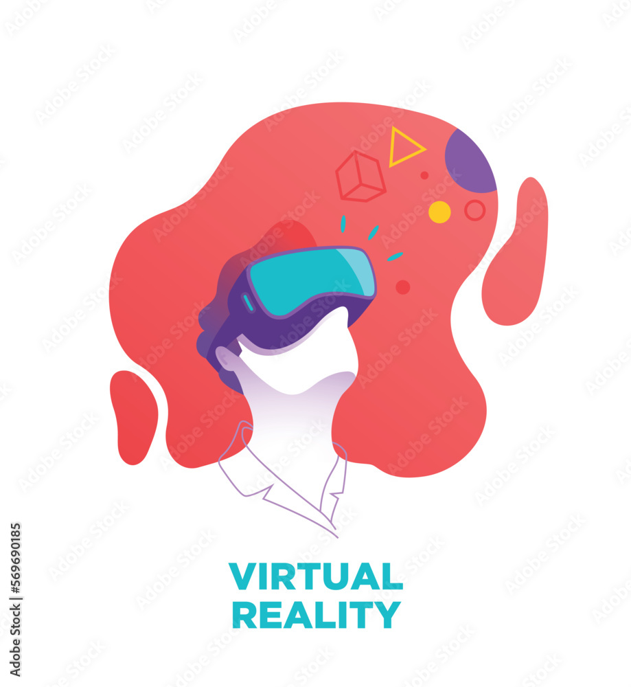 Obraz premium Man wears VR, virtual reality goggles, glasses. Vector illustration, blue, purple glasses, red background