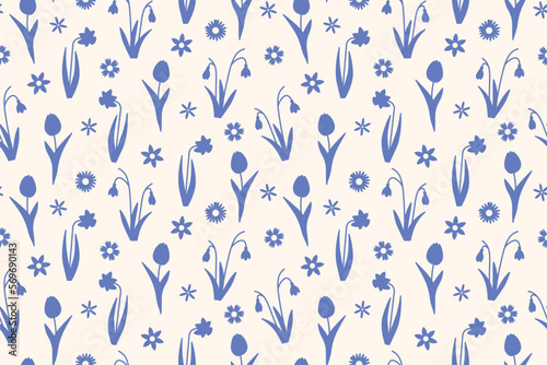 blue spring, Easter seamless pattern with daffodils, snowdrops, tulips, daisies flowers- vector illustration