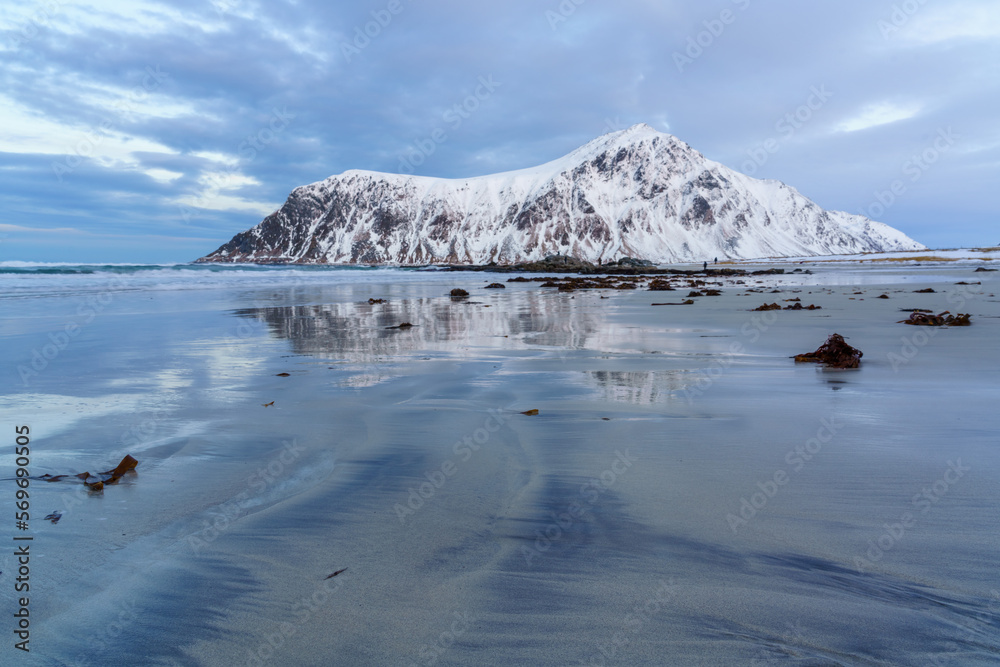 Natural landscapes of the fjord and sea in winter in Lofoten Islands, Norway