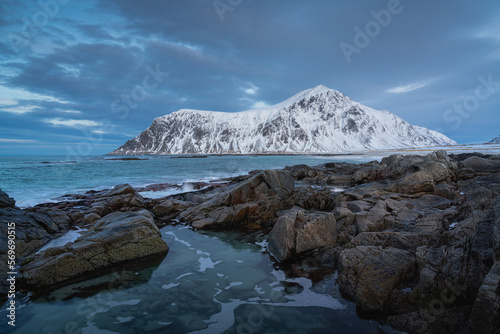 Natural landscapes of the fjord and sea in winter in Lofoten Islands, Norway