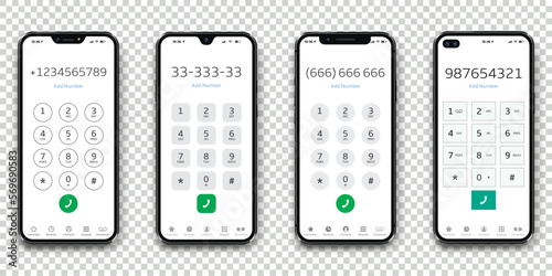 Smartphones keypad set. User keypad with numbers and letters on phone screens isolated on transparent background.