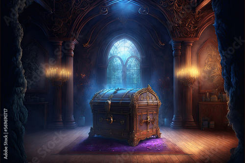 Fotografie, Obraz abandoned treasure chest in a fantasy room, rpg quest, Generative AI
