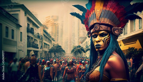 native woman and city in brazilian carnival