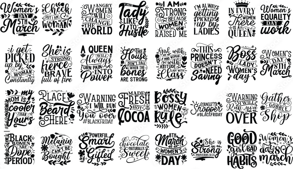Women's Day t shirt Design Bundle, SVG Files for Cutting, bag, cups, card, Handmade calligraphy quotes vector illustration eps 10