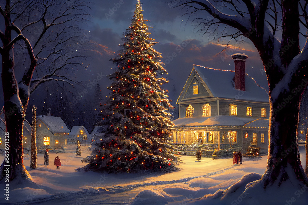 Tall Christmas Tree in the middle of a village square. generative ai Tall Christmas Tree in the middle of a village square. generative ai