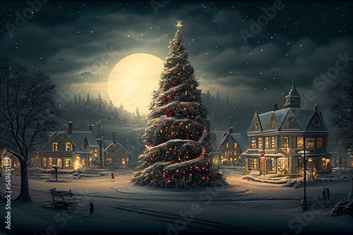 Tall Christmas Tree in the middle of a village square. generative ai