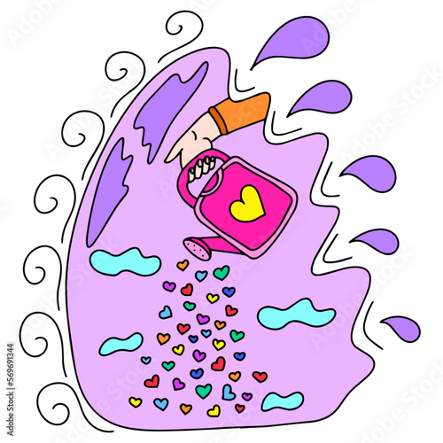The watering can pours multicolored hearts. A shower of love. Congratulations on Valentine's Day and March 8th. This is a vector picture in the style of a comic book