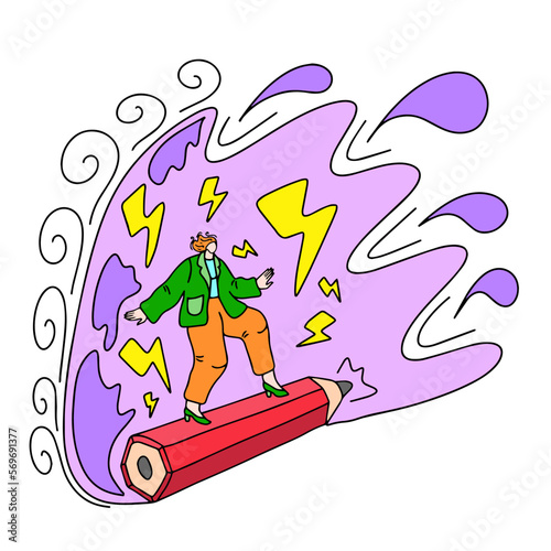 This is a vector picture in the style of a comic book of a man flying on a pencil. A flight for an idea, inspiration and success. The concept of an artist, writer, journalist, blogger