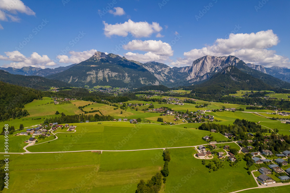 View of the village, fields and forest in mountains Alps Austria
