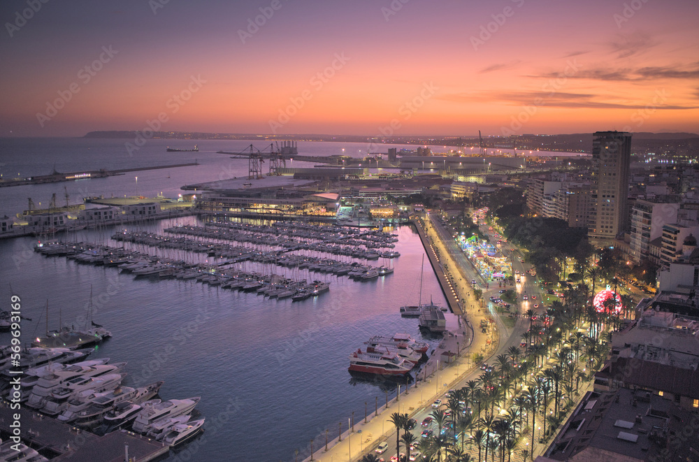 Sunset at the marina in Alicante, Spain.