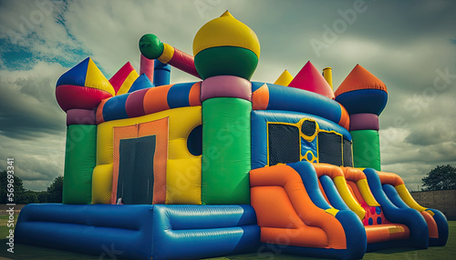 colorful bouncing castle with door and slide photo