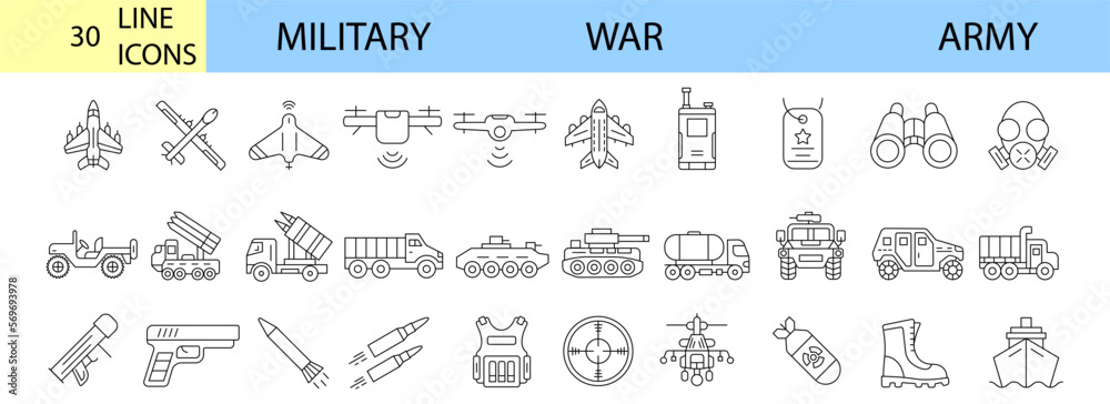 Army Military and war icons set. Editable Stroke