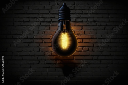 Yellow light bulb, background with brick wall, concept of ideas and creativity. generative AI