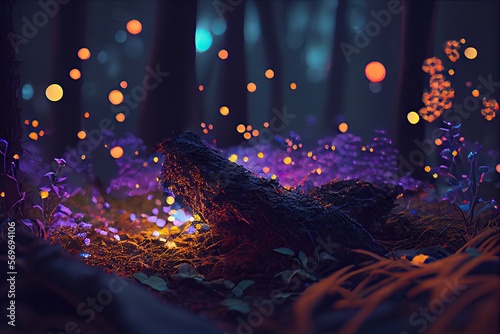colorful light in the forest, blured background at night