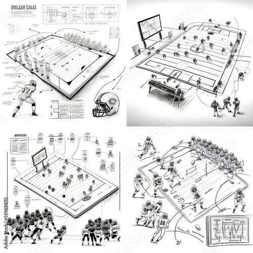 A pencil sketch style American football game tactics sheet with the coaches detailed drawings of gameplay ideas. Including sketches of player formations, arrows for direction. Generative AI photo