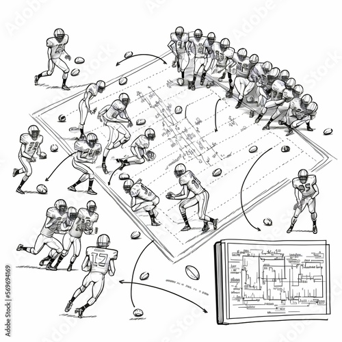 A pencil sketch style American football game tactics sheet with the coaches detailed drawings of gameplay ideas. Including sketches of player formations, arrows for direction. Generative AI photo