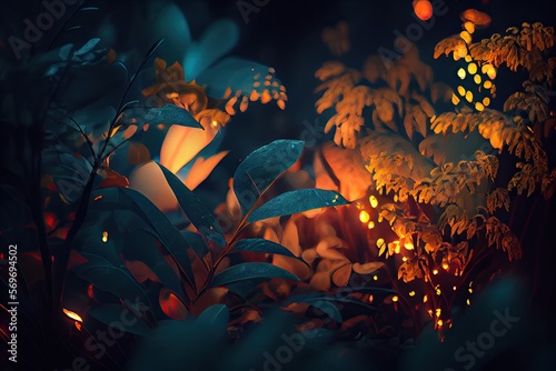 leaves in the forest, blured background at night