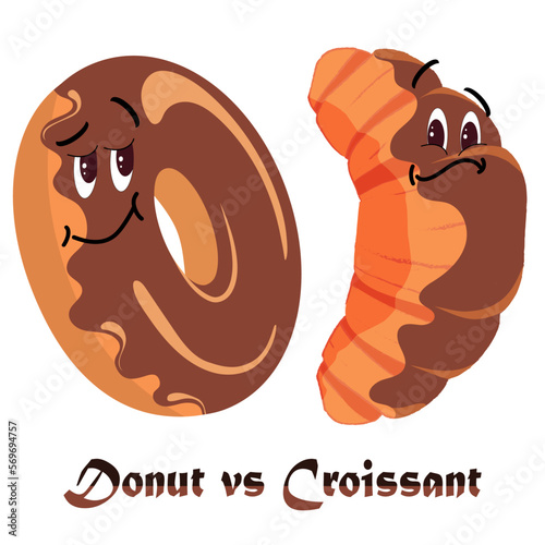 Fluffy donut with chocolate glaze versus a freshly baked chocolate croissant. Food vector illustration. Copy space.