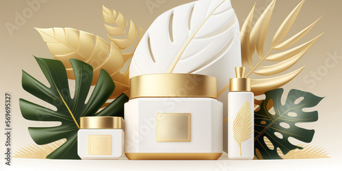 White podium with a luxurious gold finish is the background product. Products for skincare, cosmetics, and toiletry should be displayed. drawing featuring a tropical leaf and geometric shapes