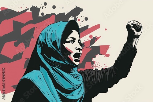 Afghan woman fighting for her rights. Women against the oppression and inequality of the Taliban regime on women. Color illustration. Generative AI