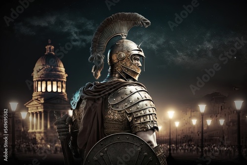 Roman soldier in armor, Greek city in the background, night scene. Generative AI photo