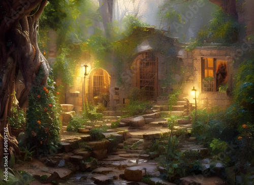 painting of small medieval village houses illuminated by lamps surrounded by forest and flowers. generative ai illustration