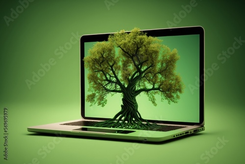 Tree on laptop screen  green background. Generative AI