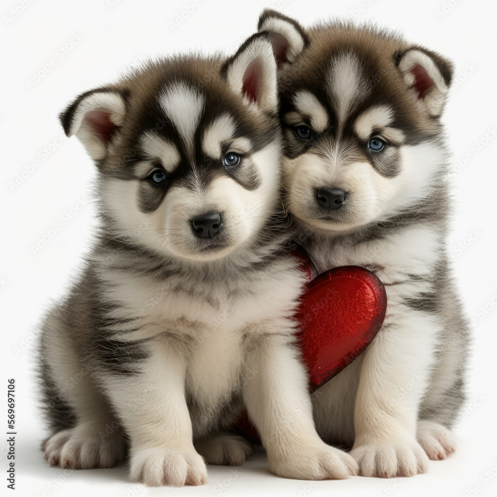 Cute Malamute Puppies Illustration, Generative AI, AI, Generative