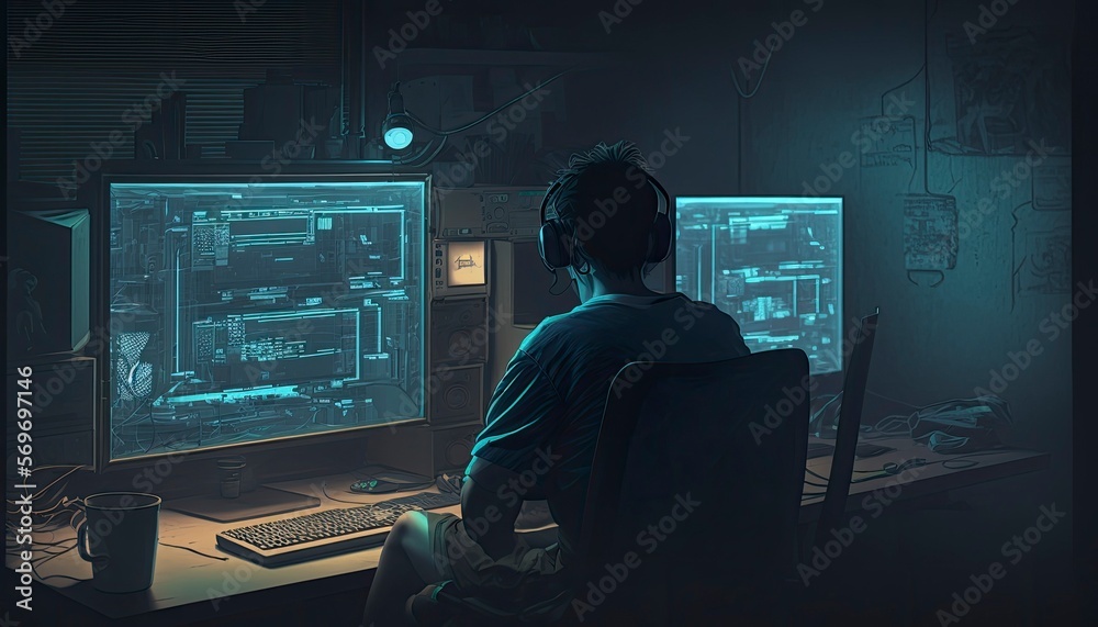 Painting 3D render of Hacker doing a cyber attack on a mainframe system from behind Generative AI Tool Painting 3D render of Hacker doing a cyber attack on a mainframe system from behind Generative AI Tool