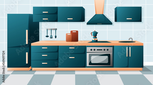 Vector cartoon interior of family kitchen - counter with appliances, furniture. Household objects, cooking, dining room