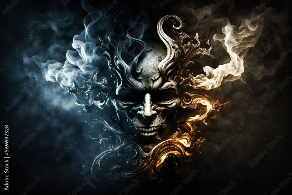 evil face smoke and flame in the darkness. Generative AI 