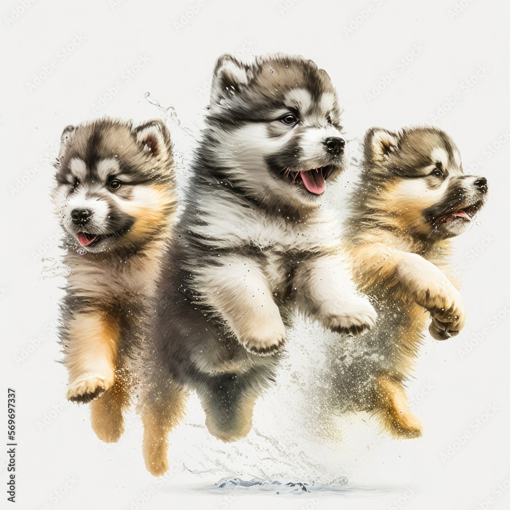 Obraz premium Cute Malamute Puppies Illustration, Generative AI, AI, Generative