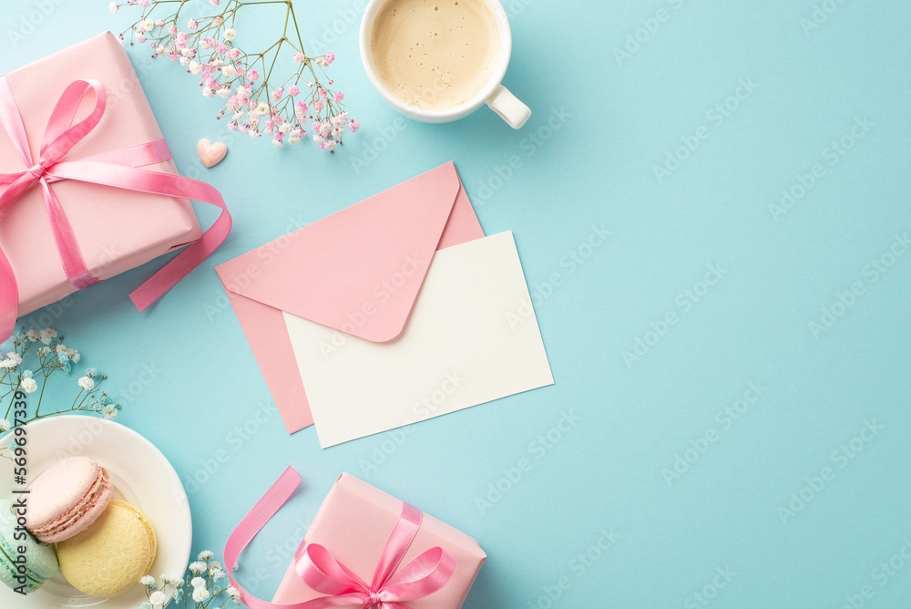 St Valentine's Day concept. Top view photo of pink envelope with letter gift boxes plate with macarons cup of coffee heart and gypsophila flowers on isolated pastel blue background with copyspace