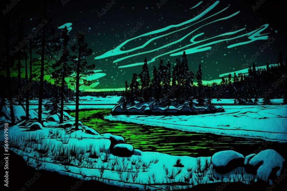 A frozen lake in Sweden's Farnebofjarden National Park is illuminated by northern lights. Generative AI